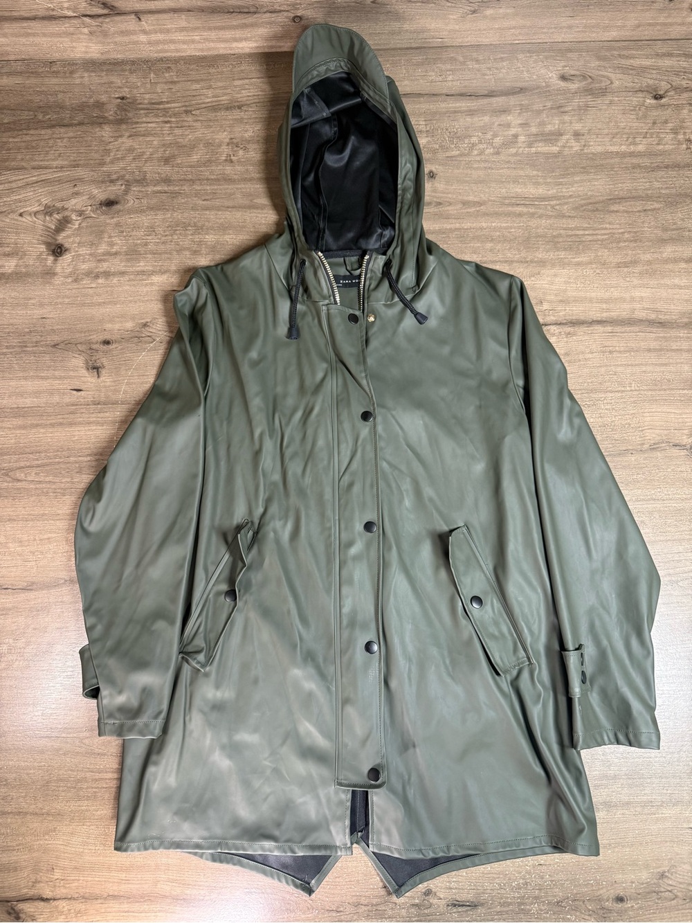 Zara Woman Rubberized Raincoat Women Olive Green Hooded Long Waterproof Jacket S
